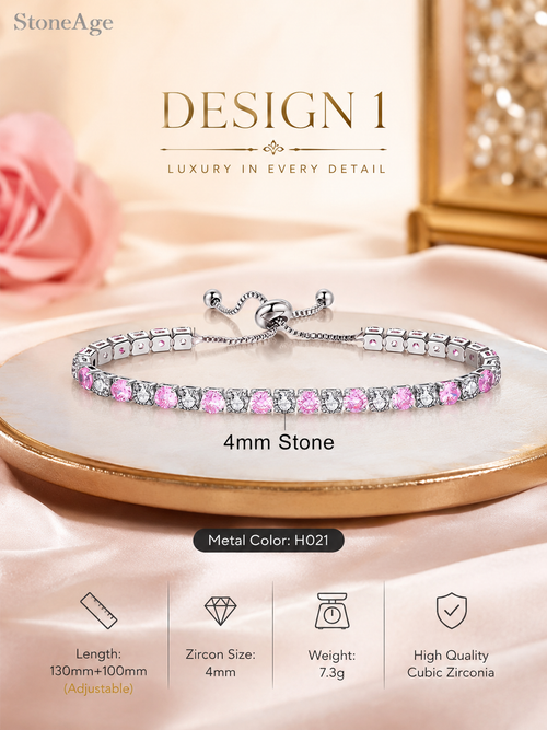 Pink Tennis Bracelet, Adjustable Silver Bracelet, Pink Zircon Jewelry, Bridesmaid Gift for Her, Dainty Crystal Bracelet, Bridal Jewelry Gift