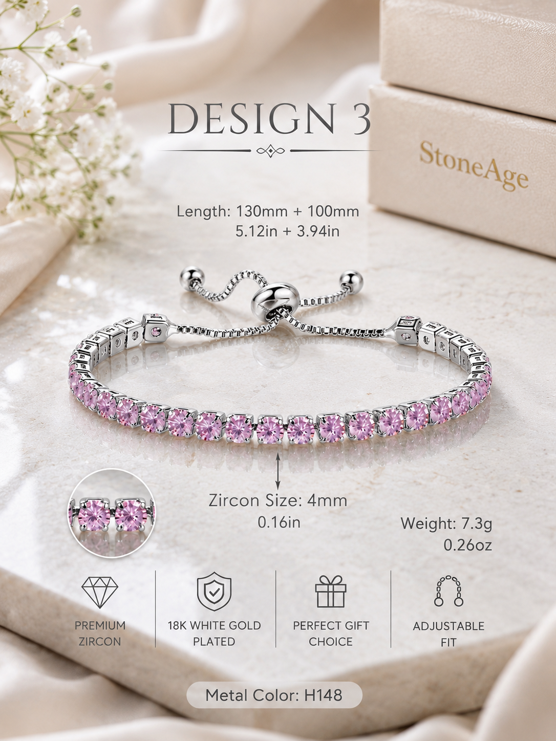 Pink Tennis Bracelet, Adjustable Silver Bracelet, Pink Zircon Jewelry, Bridesmaid Gift for Her, Dainty Crystal Bracelet, Bridal Jewelry Gift