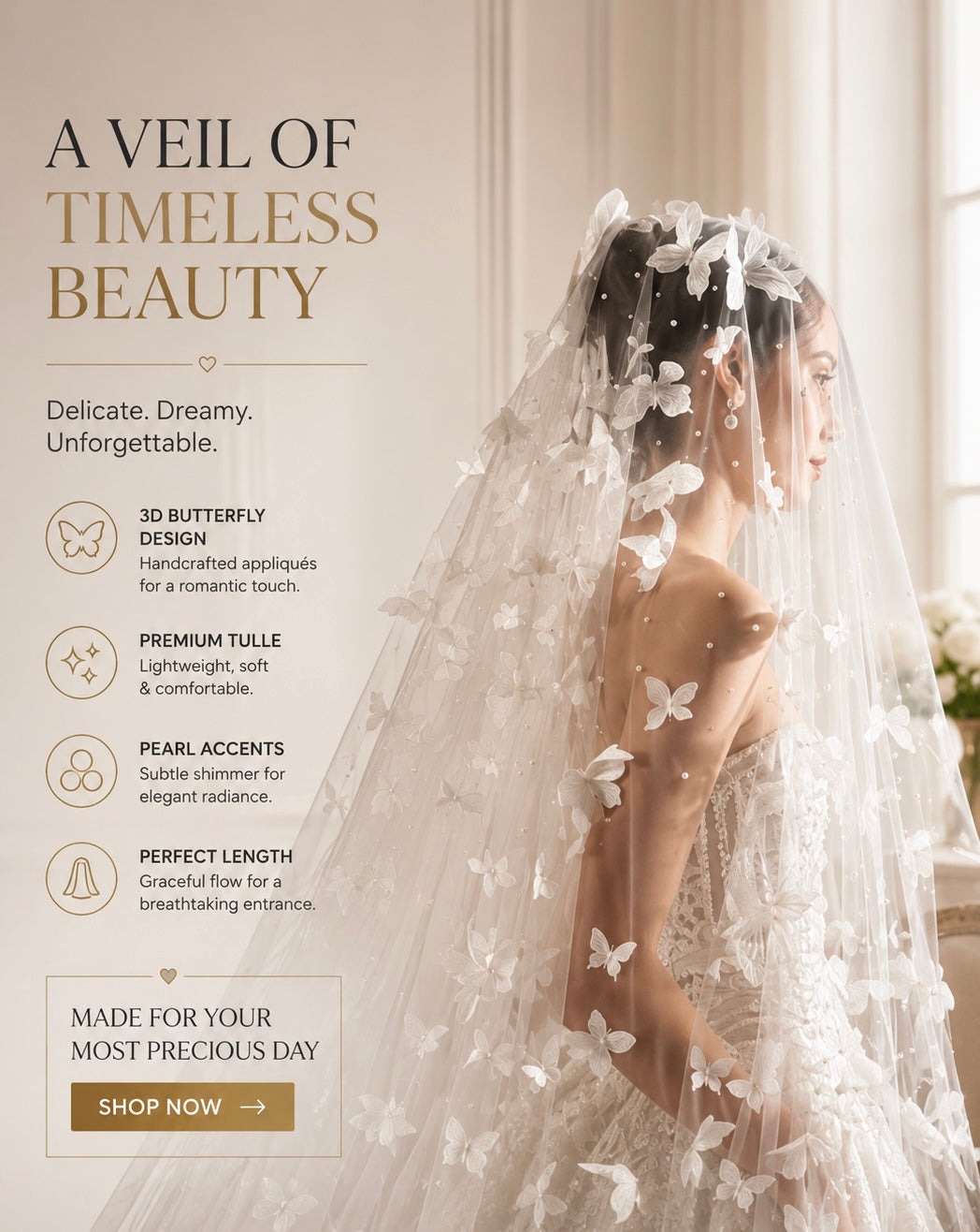 Elegant 3D Butterfly Bridal Veil, Pearl Wedding Veil, Cathedral Length Veil, Floral Lace Wedding Veil, Romantic Bridal Accessories, Fairy Veil