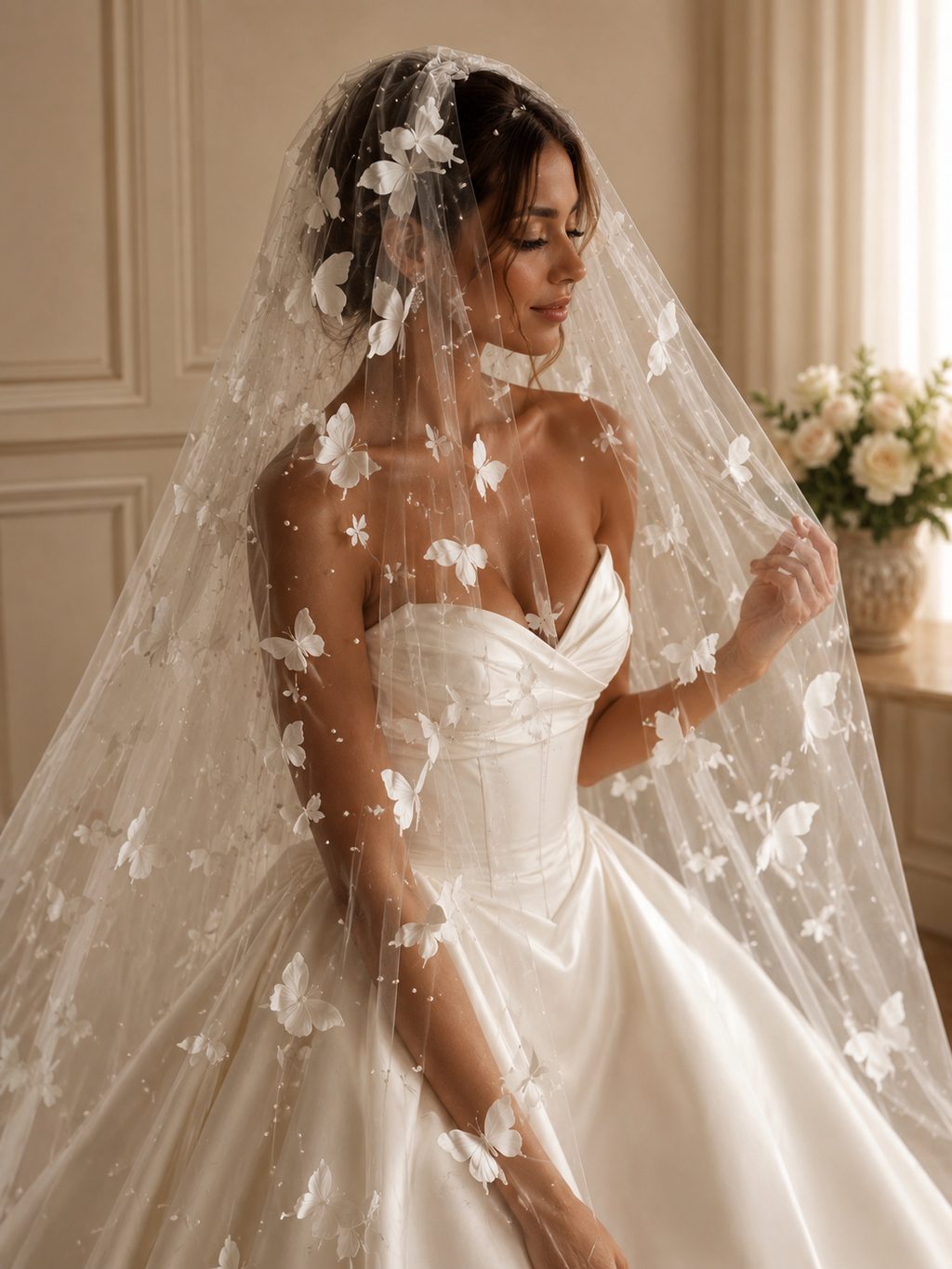Elegant 3D Butterfly Bridal Veil, Pearl Wedding Veil, Cathedral Length Veil, Floral Lace Wedding Veil, Romantic Bridal Accessories, Fairy Veil
