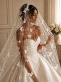 Elegant 3D Butterfly Bridal Veil, Pearl Wedding Veil, Cathedral Length Veil, Floral Lace Wedding Veil, Romantic Bridal Accessories, Fairy Veil