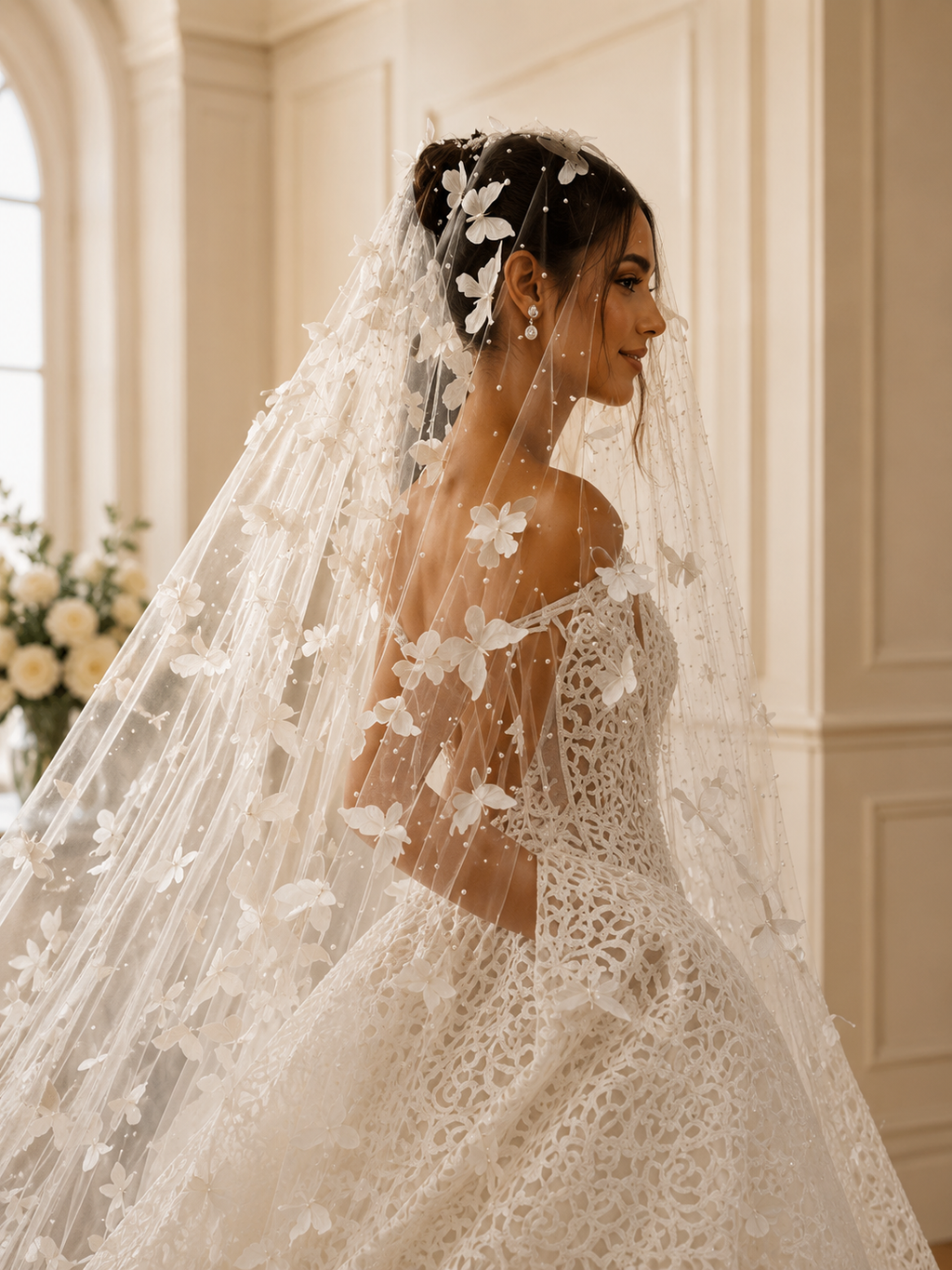 Elegant 3D Butterfly Bridal Veil, Pearl Wedding Veil, Cathedral Length Veil, Floral Lace Wedding Veil, Romantic Bridal Accessories, Fairy Veil