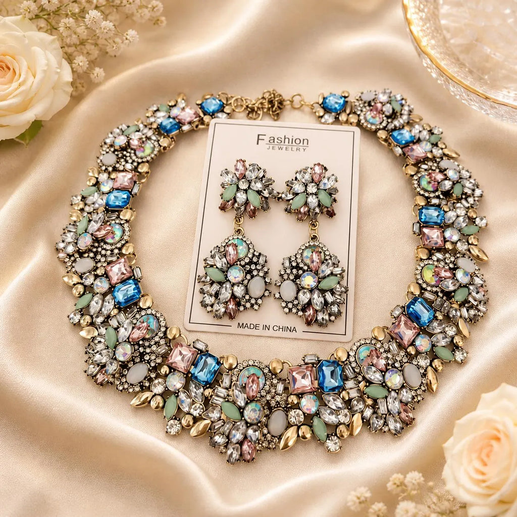 Statement Necklace Set, Crystal Bib Necklace Earrings Set, Chunky Rhinestone Jewelry, Bridal Wedding Jewelry, Bold Glam Necklace Gift for Her