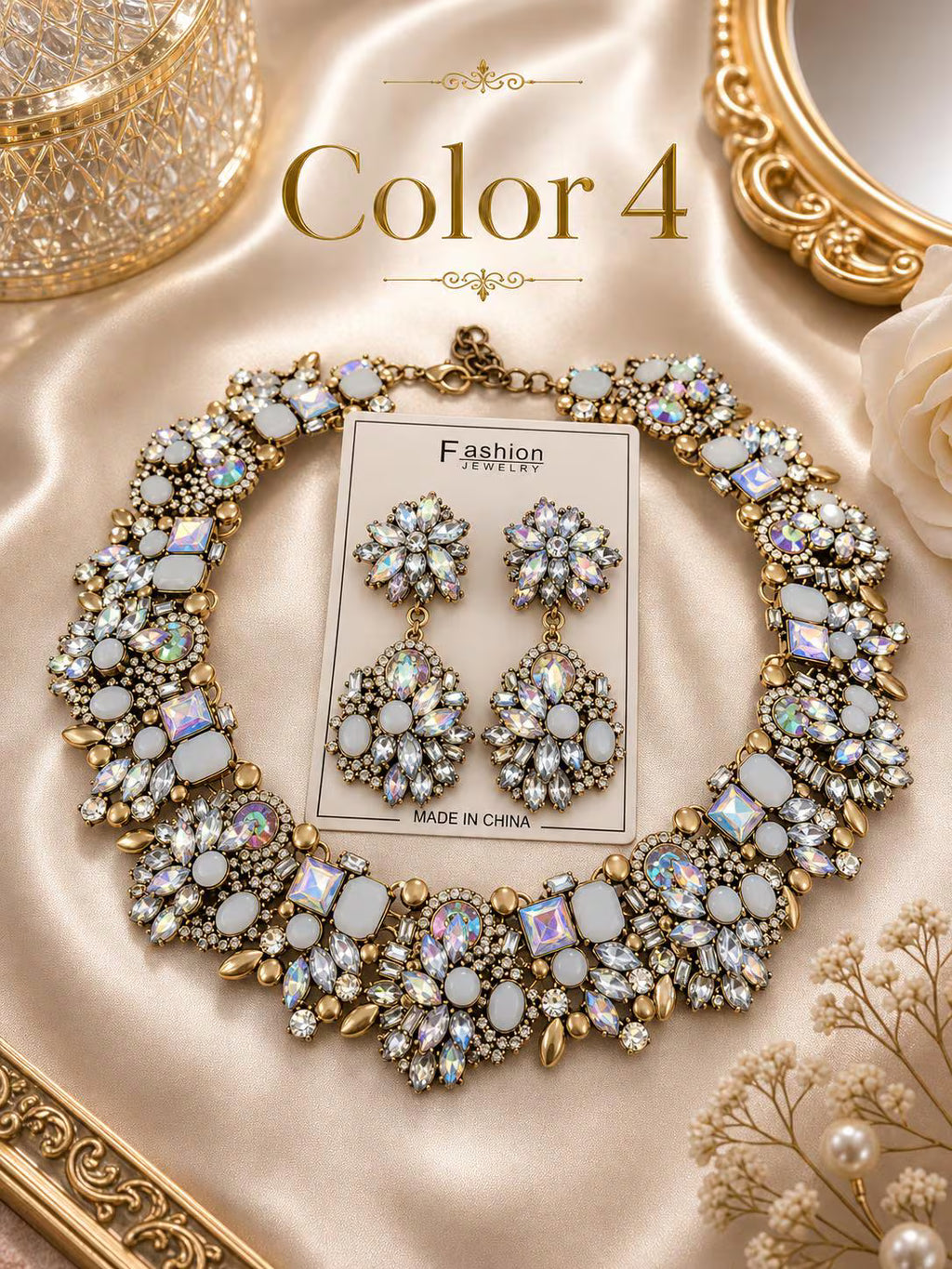 Statement Necklace Set, Crystal Bib Necklace Earrings Set, Chunky Rhinestone Jewelry, Bridal Wedding Jewelry, Bold Glam Necklace Gift for Her